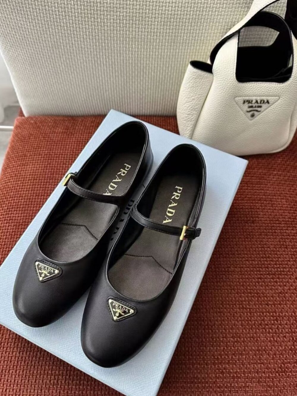 Prada Black Leather Triangle Logo Mary Jane Flats